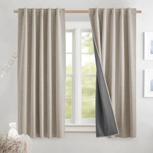 imageNICETOWN 100 Blackout Natural Linen Curtains 90quot Length with Thermal Insulated Liners for Bedroom Farmhouse Style Room Cooling Small Window Draperies for Dining Room 2 Panels 52quot WNatural