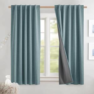 imageNICETOWN 100 Blackout Natural Linen Curtains 90quot Length with Thermal Insulated Liners for Bedroom Farmhouse Style Room Cooling Small Window Draperies for Dining Room 2 Panels 52quot WSkylark Blue