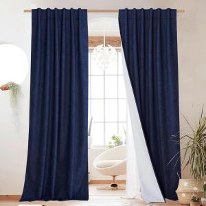 imageNICETOWN 100 Blackout Natural Linen Curtains 90quot Length with Thermal Insulated Liners for Bedroom Farmhouse Style Room Cooling Small Window Draperies for Dining Room 2 Panels 52quot WDark Blue