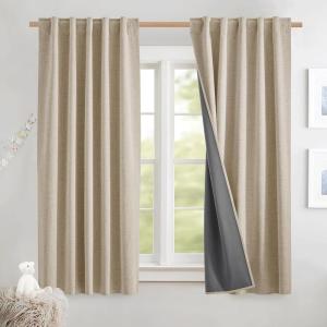 imageNICETOWN 100 Blackout Natural Linen Curtains 90quot Length with Thermal Insulated Liners for Bedroom Farmhouse Style Room Cooling Small Window Draperies for Dining Room 2 Panels 52quot WCream