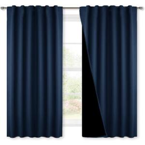 imageNICETOWN 100 Blackout Window Curtain Panels Cold and Full Light Blocking Drapes with Black Liner for Nursery 84 Inches Drop Thermal Insulated Draperies Pure White 2 Pieces 52 inches WideNavy