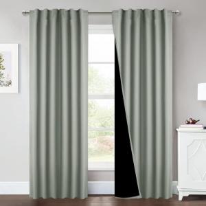 imageNICETOWN 100 Blackout Window Curtain Panels Cold and Full Light Blocking Drapes with Black Liner for Nursery 84 Inches Drop Thermal Insulated Draperies Pure White 2 Pieces 52 inches WideGreyish Green