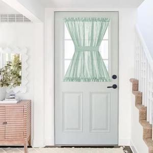 imageNICETOWN Linen Textured Door Curtain  White Sidelight Panel Curtain Semi Sheer French Front Door Curtain with Tieback for Kitchen 30 inches W x 40 inches L Single PanelMint Green