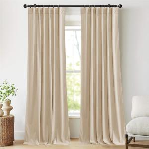 imageNICETOWN Thermal Insulated Velvet Curtains Ivory 96 Inch Length Heavy Duty Keep Warm Drapes Room Darkening Thermal Insulated Curtains for Patio Hall Villa Bedroom Window Treatment Set of 2Beige