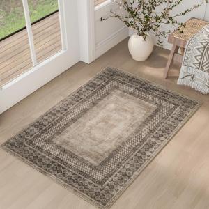 imageNICETOWN 8x10 Large Washable Pink Area Rug  Boho NonSlip Folable Rug Stain Resistant Oriental Medallion Living Room Carpet for Girls Room Kitchen Laundry Bathroom Bedroom Light PinkBrown