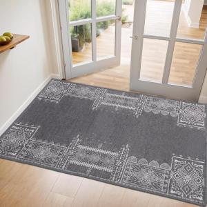 imageNICETOWN 8x10 Large Washable Pink Area Rug  Boho NonSlip Folable Rug Stain Resistant Oriental Medallion Living Room Carpet for Girls Room Kitchen Laundry Bathroom Bedroom Light PinkDark Grey