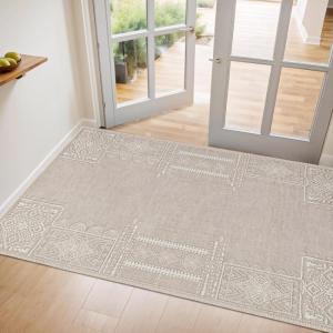 imageNICETOWN 8x10 Large Washable Pink Area Rug  Boho NonSlip Folable Rug Stain Resistant Oriental Medallion Living Room Carpet for Girls Room Kitchen Laundry Bathroom Bedroom Light PinkBeige