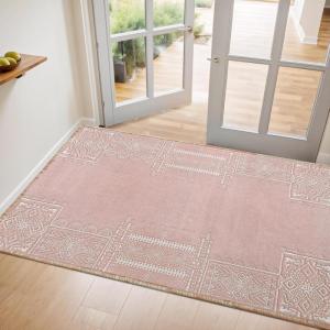imageNICETOWN 8x10 Large Washable Pink Area Rug  Boho NonSlip Folable Rug Stain Resistant Oriental Medallion Living Room Carpet for Girls Room Kitchen Laundry Bathroom Bedroom Light PinkPink