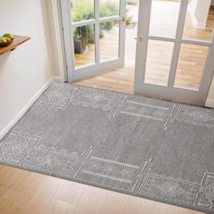 imageNICETOWN 8x10 Large Washable Pink Area Rug  Boho NonSlip Folable Rug Stain Resistant Oriental Medallion Living Room Carpet for Girls Room Kitchen Laundry Bathroom Bedroom Light PinkSilver Grey