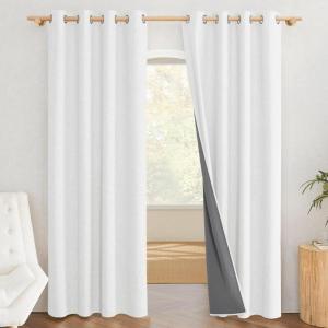 imageNICETOWN 100 Absolutely Blackout Linen Curtains with Thermal Insulated Grey Liner Greyish White 52 inches Wide 84 inches Length Energy Saving Curtains for Living Room 2 Panels Set Vertical Blinds