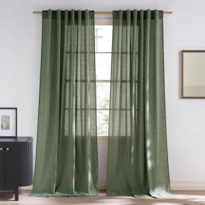 imageNICETOWN Linen Blend Greyish Green Curtains 84 inches Long 2 Panels Set Rod Pocket ampamp Back Tab Privacy Added Thick Flax Semi Sheer Window Treatments for BedroomFarmhouse W55 x L84Forest Green