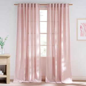 imageNICETOWN Linen Blend Greyish Green Curtains 84 inches Long 2 Panels Set Rod Pocket ampamp Back Tab Privacy Added Thick Flax Semi Sheer Window Treatments for BedroomFarmhouse W55 x L84Light Pink