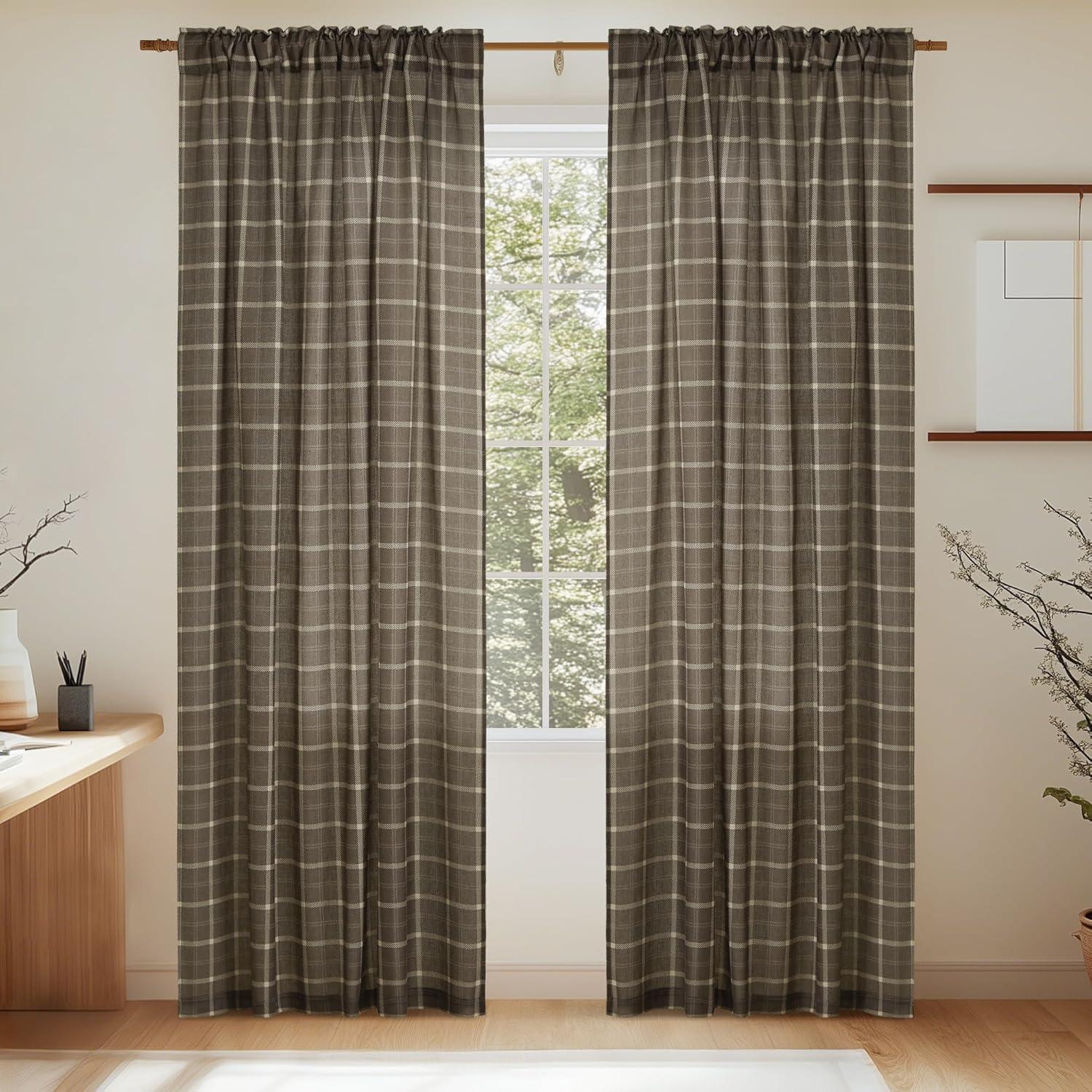 imageNICETOWN 96 Inches Long Buffalo Plaid Light Filtering Window CurtainsFarmhouse Rod Pocket Back Tab Drapes for Bedroom Livin Room Privacy Window Treatment Set 52quot W x 96quot L Christmas RedGrid Pattern  Taupe