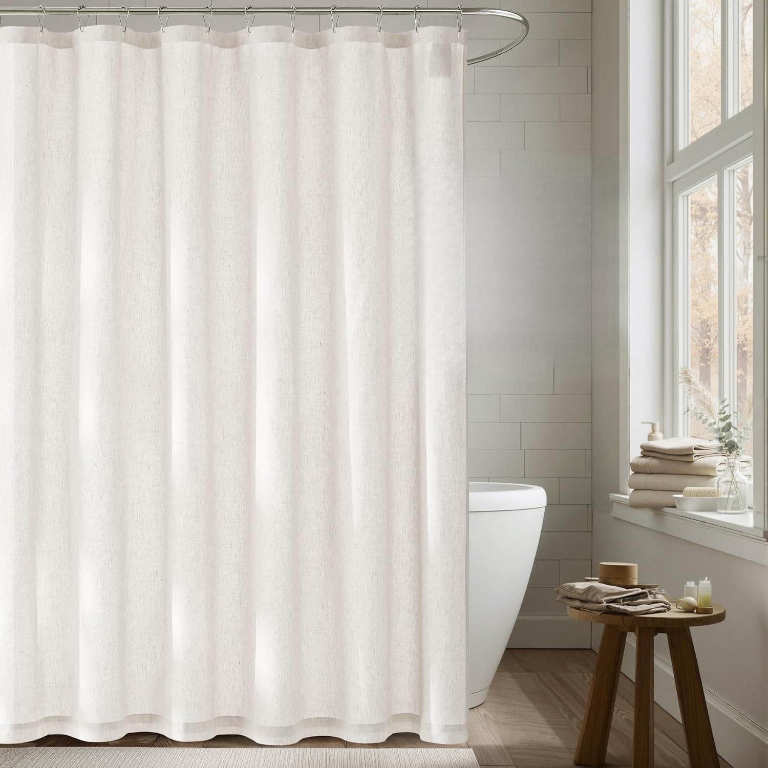 imageNICETOWN White Linen Blend 84 Inch Shower Curtain with 12 Rustproof Metal Hooks Light Filtering Waterproof Privacy Modern Fabric Decor for Bathroom Washable 72x84 Inch 1 PanelWhite