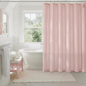 imageNICETOWN White Linen Blend 84 Inch Shower Curtain with 12 Rustproof Metal Hooks Light Filtering Waterproof Privacy Modern Fabric Decor for Bathroom Washable 72x84 Inch 1 PanelPink