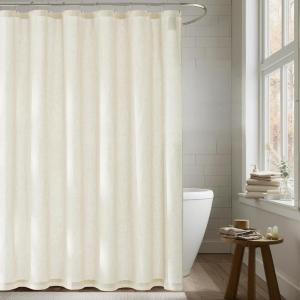 imageNICETOWN White Linen Blend 84 Inch Shower Curtain with 12 Rustproof Metal Hooks Light Filtering Waterproof Privacy Modern Fabric Decor for Bathroom Washable 72x84 Inch 1 PanelNatural Beige