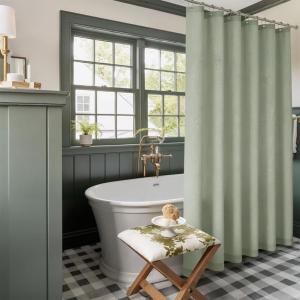 imageNICETOWN White Linen Blend 84 Inch Shower Curtain with 12 Rustproof Metal Hooks Light Filtering Waterproof Privacy Modern Fabric Decor for Bathroom Washable 72x84 Inch 1 PanelSage Green