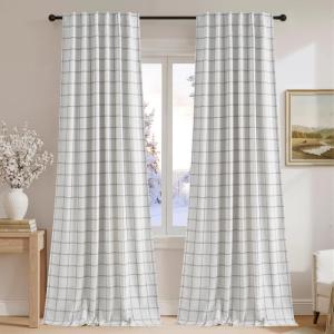 imageNICETOWN100 Linen Blackout Plaid Curtains 84 inches Long Farmhouse Gingham Buffalo Check Window Curtains for Living Room Bedroom Rod Pocket Back Tab 1 Piar W52 x L84 TaupeDiagonal Check  White