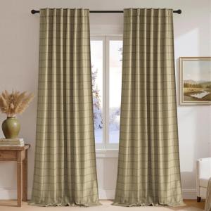 imageNICETOWN100 Linen Blackout Plaid Curtains 84 inches Long Farmhouse Gingham Buffalo Check Window Curtains for Living Room Bedroom Rod Pocket Back Tab 1 Piar W52 x L84 TaupeDiagonal Check  Linen