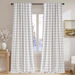 imageNICETOWN100 Linen Blackout Plaid Curtains 84 inches Long Farmhouse Gingham Buffalo Check Window Curtains for Living Room Bedroom Rod Pocket Back Tab 1 Piar W52 x L84 TaupeGrid Pattern  White
