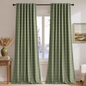 imageNICETOWN100 Linen Blackout Plaid Curtains 84 inches Long Farmhouse Gingham Buffalo Check Window Curtains for Living Room Bedroom Rod Pocket Back Tab 1 Piar W52 x L84 TaupeDiagonal Check  Moss Green