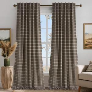 imageNICETOWN100 Linen Blackout Plaid Curtains 84 inches Long Farmhouse Gingham Buffalo Check Window Curtains for Living Room Bedroom Rod Pocket Back Tab 1 Piar W52 x L84 TaupeGrid Pattern  Taupe