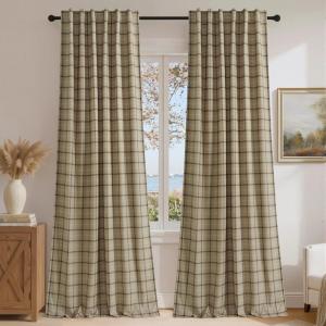 imageNICETOWN100 Linen Blackout Plaid Curtains 84 inches Long Farmhouse Gingham Buffalo Check Window Curtains for Living Room Bedroom Rod Pocket Back Tab 1 Piar W52 x L84 TaupeGrid Pattern  Linen