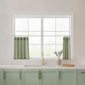 imageNIETOWN Linen Kitchen Curtains 24 inches Long for Small Windows Farmhouse 2 Panels Rod Pocket Back Tab Light Filtering Sheer Curtain Tiers for Cafe Office 34 x 24 inch 1 Pair Natural BeigeSage Green
