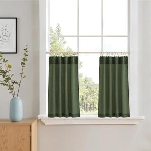 imageNIETOWN Linen Kitchen Curtains 24 inches Long for Small Windows Farmhouse 2 Panels Rod Pocket Back Tab Light Filtering Sheer Curtain Tiers for Cafe Office 34 x 24 inch 1 Pair Natural BeigeForest Green