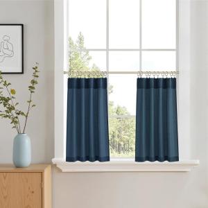 imageNIETOWN Linen Kitchen Curtains 24 inches Long for Small Windows Farmhouse 2 Panels Rod Pocket Back Tab Light Filtering Sheer Curtain Tiers for Cafe Office 34 x 24 inch 1 Pair Natural BeigeNavy Blue