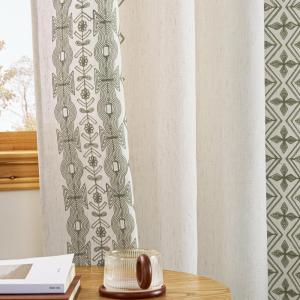 imageNICETOWN Navy Blue Boho Curtains 84 Inches Long 2 Panels Embroidered Linen Textured Geometric Drapes with Antique Bronze Grommets Light Filtering Window Treatment for Living Room ampamp NurserySage Green