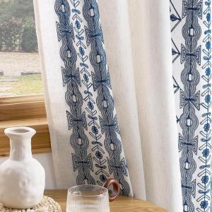imageNICETOWN Navy Blue Boho Curtains 84 Inches Long 2 Panels Embroidered Linen Textured Geometric Drapes with Antique Bronze Grommets Light Filtering Window Treatment for Living Room ampamp NurseryNavy Blue