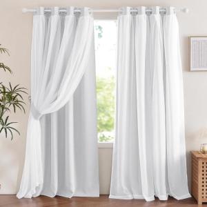 image:imageNICETOWN Kids Girls Bedroom Pink Curtains Star Cutout Blackout with White Sheer Pastel Nursery Window Curtain Panels for Thanksgiving Lavender Pink 2Pcs W52 x L84Faux Linen  Greyish White
