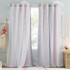 image:imageNICETOWN Kids Girls Bedroom Pink Curtains Star Cutout Blackout with White Sheer Pastel Nursery Window Curtain Panels for Thanksgiving Lavender Pink 2Pcs W52 x L84Pink  Grey