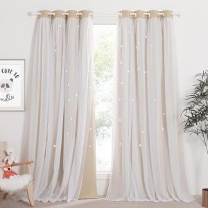 image:imageNICETOWN Kids Girls Bedroom Pink Curtains Star Cutout Blackout with White Sheer Pastel Nursery Window Curtain Panels for Thanksgiving Lavender Pink 2Pcs W52 x L84Biscotti Beige