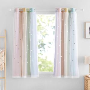 image:imageNICETOWN Kids Girls Bedroom Pink Curtains Star Cutout Blackout with White Sheer Pastel Nursery Window Curtain Panels for Thanksgiving Lavender Pink 2Pcs W52 x L84Rainbow1