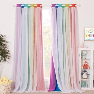 image:imageNICETOWN Kids Girls Bedroom Pink Curtains Star Cutout Blackout with White Sheer Pastel Nursery Window Curtain Panels for Thanksgiving Lavender Pink 2Pcs W52 x L84Rainbow2
