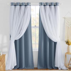 image:imageNICETOWN Nursery Blackout Curtains for Bedroom Living Room Crushed Sheer x Blackout Curtains 84 inches Long Farmhouse Curtains with Tie Backs for Kids 2 PCs W52 x L84 inch Biscotti BeigeStone Blue  White