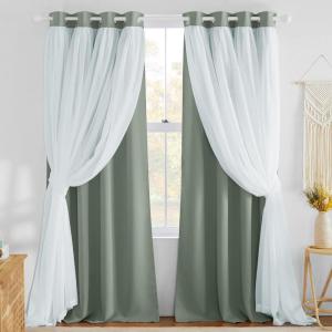 image:imageNICETOWN Nursery Blackout Curtains for Bedroom Living Room Crushed Sheer x Blackout Curtains 84 inches Long Farmhouse Curtains with Tie Backs for Kids 2 PCs W52 x L84 inch Biscotti BeigeSage Green  White