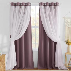 image:imageNICETOWN Nursery Blackout Curtains for Bedroom Living Room Crushed Sheer x Blackout Curtains 84 inches Long Farmhouse Curtains with Tie Backs for Kids 2 PCs W52 x L84 inch Biscotti BeigeDry Rose  White