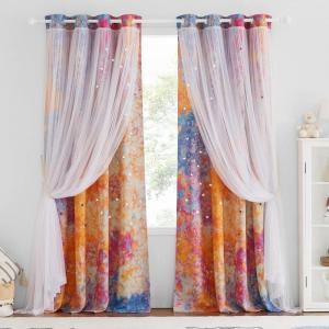 image:imageNICETOWN Pink Curtains for Girls BedroomKids Room Moon and Star Hollow Out Blackout Curtains for Nursery DoubleLayer Grommet Window Drapes for Christmas Decor 52 W by 84 L Set of 2Yellow  Pink