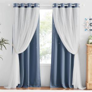 image:imageNICETOWN Pink Curtains for Girls BedroomKids Room Moon and Star Hollow Out Blackout Curtains for Nursery DoubleLayer Grommet Window Drapes for Christmas Decor 52 W by 84 L Set of 2Moon Star  Stone Blue