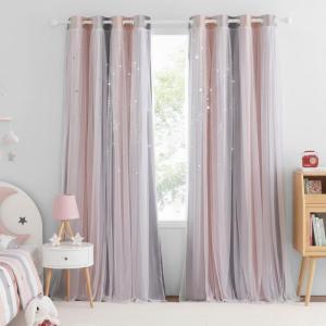 image:imageNICETOWN Pink Curtains for Girls BedroomKids Room Moon and Star Hollow Out Blackout Curtains for Nursery DoubleLayer Grommet Window Drapes for Christmas Decor 52 W by 84 L Set of 2Moon Star  Pink  Grey