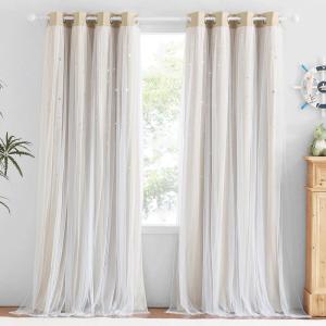 image:imageNICETOWN Pink Curtains for Girls BedroomKids Room Moon and Star Hollow Out Blackout Curtains for Nursery DoubleLayer Grommet Window Drapes for Christmas Decor 52 W by 84 L Set of 2Moon Star  Biscotti Beige