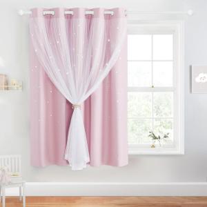 image:imageNICETOWN Pink Curtains for Girls BedroomKids Room Moon and Star Hollow Out Blackout Curtains for Nursery DoubleLayer Grommet Window Drapes for Christmas Decor 52 W by 84 L Set of 2Pink