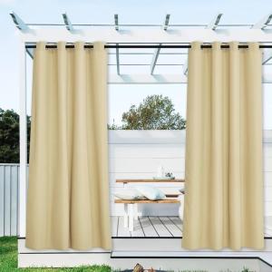 image:imageNICETOWN 2 Panels Outdoor Curtain Panels for Patio Waterproof Stainless Steel Silver Grommet Thermal Insulated Blackout Thermal Insulated Outdoor Drapes for PatioFront Porch W52 x L108 TanLight Beige