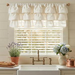 image:imageNICETOWN Farmhouse Valance Curtains 20 Inches Long for Kitchen amp Bathroom ThreeTiered Ruffle Valance Curtains Satin Texture Light Filtering Window Coverings 52 WLinen