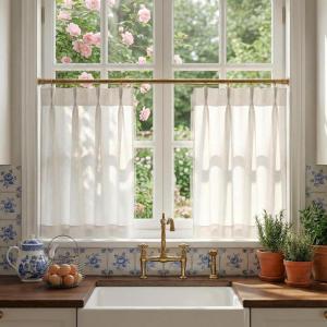 image:imageNICETOWN Natural Pinch Pleated Linen Kitchen Curtains 36 Inches Long 2 Panels Set Farmhouse Light Filtering Short Curtains for Cafe Bar Living Room Bedroom Window 40 W x 36 LNatural