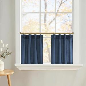 image:imageNICETOWN Natural Pinch Pleated Linen Kitchen Curtains 36 Inches Long 2 Panels Set Farmhouse Light Filtering Short Curtains for Cafe Bar Living Room Bedroom Window 40 W x 36 LNavy Blue