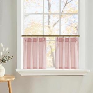 image:imageNICETOWN Natural Pinch Pleated Linen Kitchen Curtains 36 Inches Long 2 Panels Set Farmhouse Light Filtering Short Curtains for Cafe Bar Living Room Bedroom Window 40 W x 36 LLight Pink